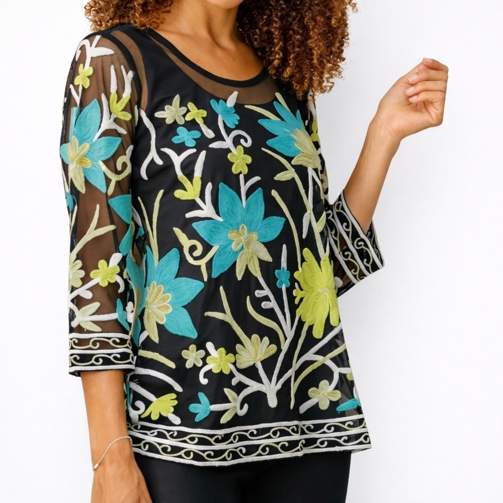 Parsley & Sage Soutache Floral Wool Applique Black Mesh 3/4 Sleeve Blouse SZ XL
